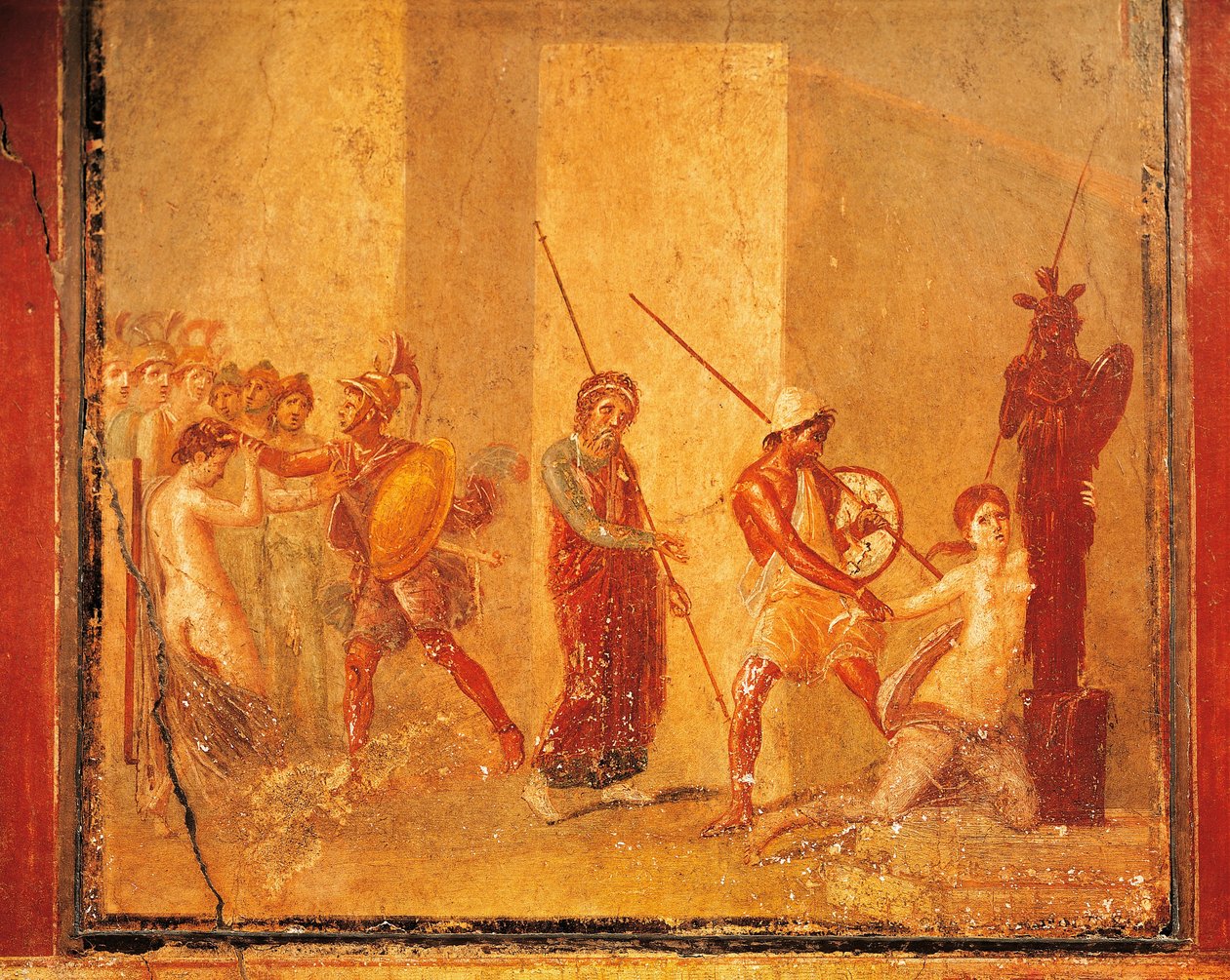 Freske som viser møte mellom Priam, Menelaos og Helen i det kongelige palasset, Pompeii, Campania, den romerske sivilisasjonen av Roman Roman
