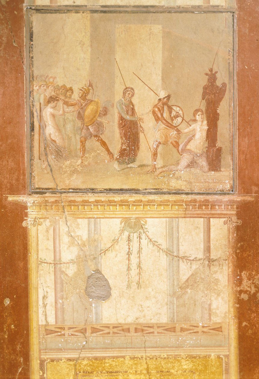 Freske som viser møtet mellom Priam, Menelaos og Helen og Arisace som jager Cassandra, fra House of Menander, Pompeii, Campania, den romerske sivilisasjonen av Roman Roman