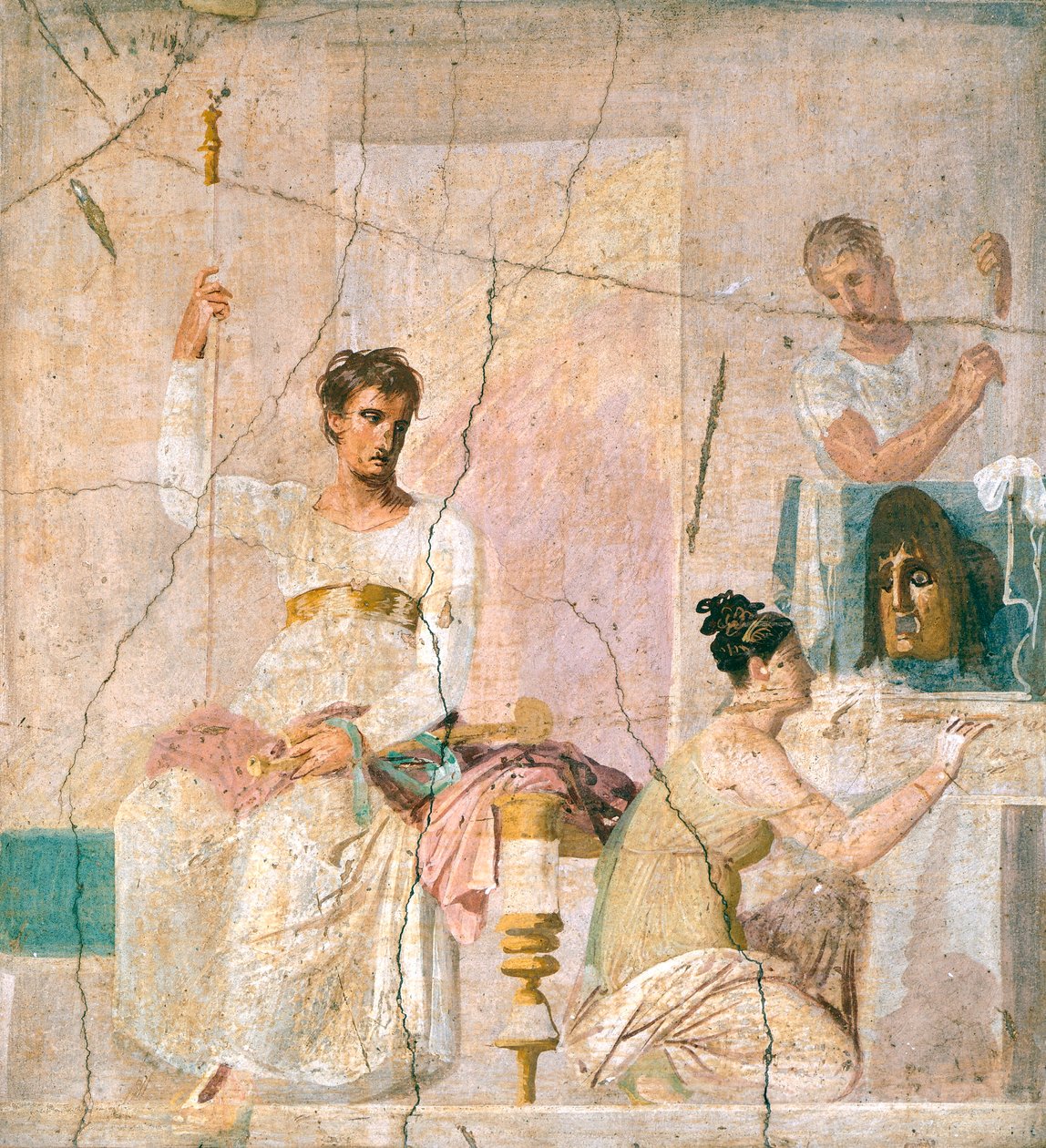 Freskomaleri som skildrer teaterscene, fra Basilica of Herculaneum (UNESCOs verdensarvliste av Roman Roman