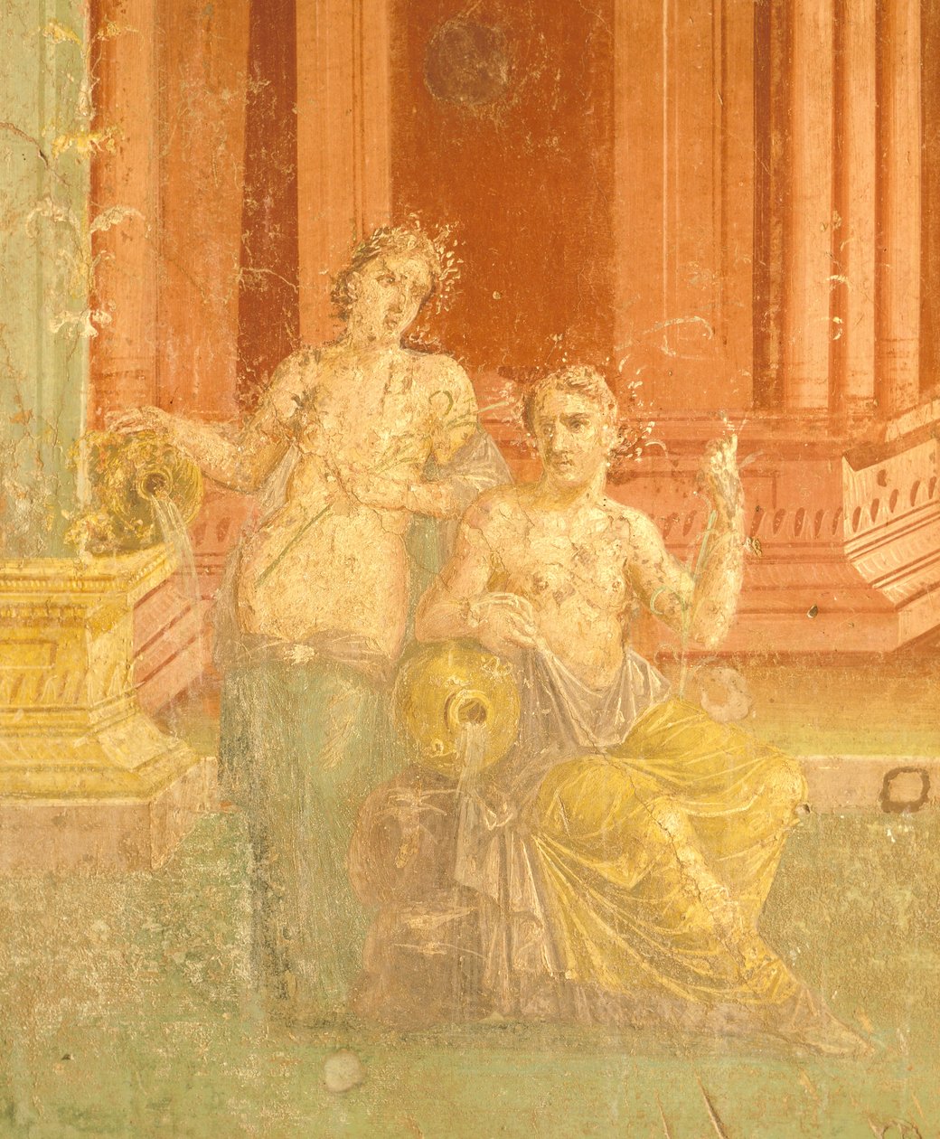 Fresco i fjerde pompeiiansk stil på rød bakgrunn, House of Pinario Ceriale, Pompeii, Campania, romersk sivilisasjon av Roman Roman