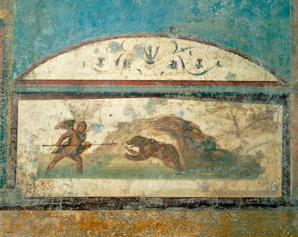 Fresco som viser jaktscene, fra House of Ancient Hunt, Pompeii, Campania, romersk sivilisasjon av Roman Roman