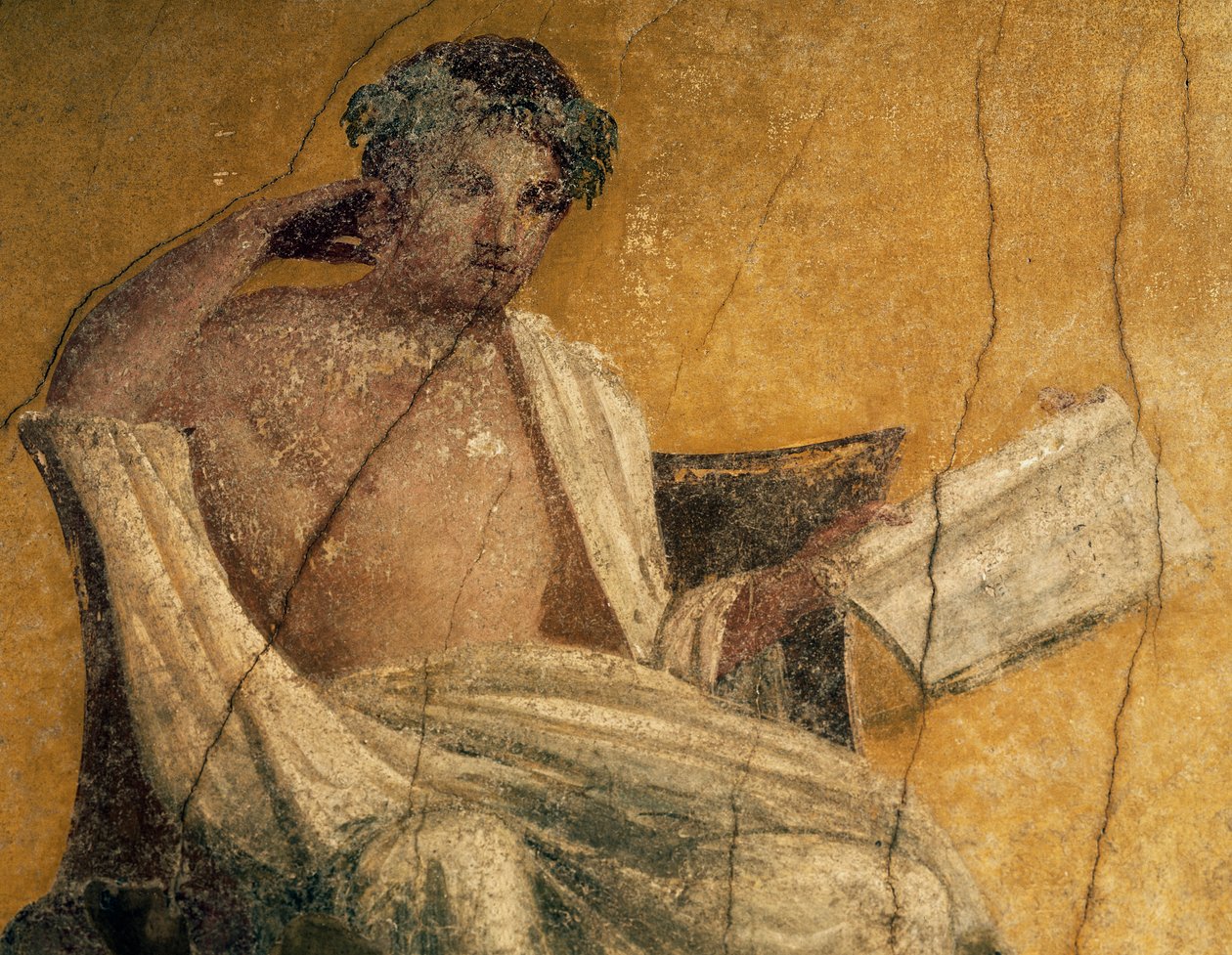 Gresk dramatiker Menander, detalj fra freskomaleri, peristyle av House of Menander, Pompeii, Campania, Italia, romersk sivilisasjon av Roman Roman