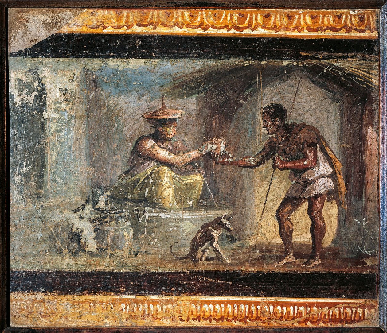 Italia, Campania, Pompeii, Den reisende og magikeren fra House of the Dioscuri, fresco av Roman Roman