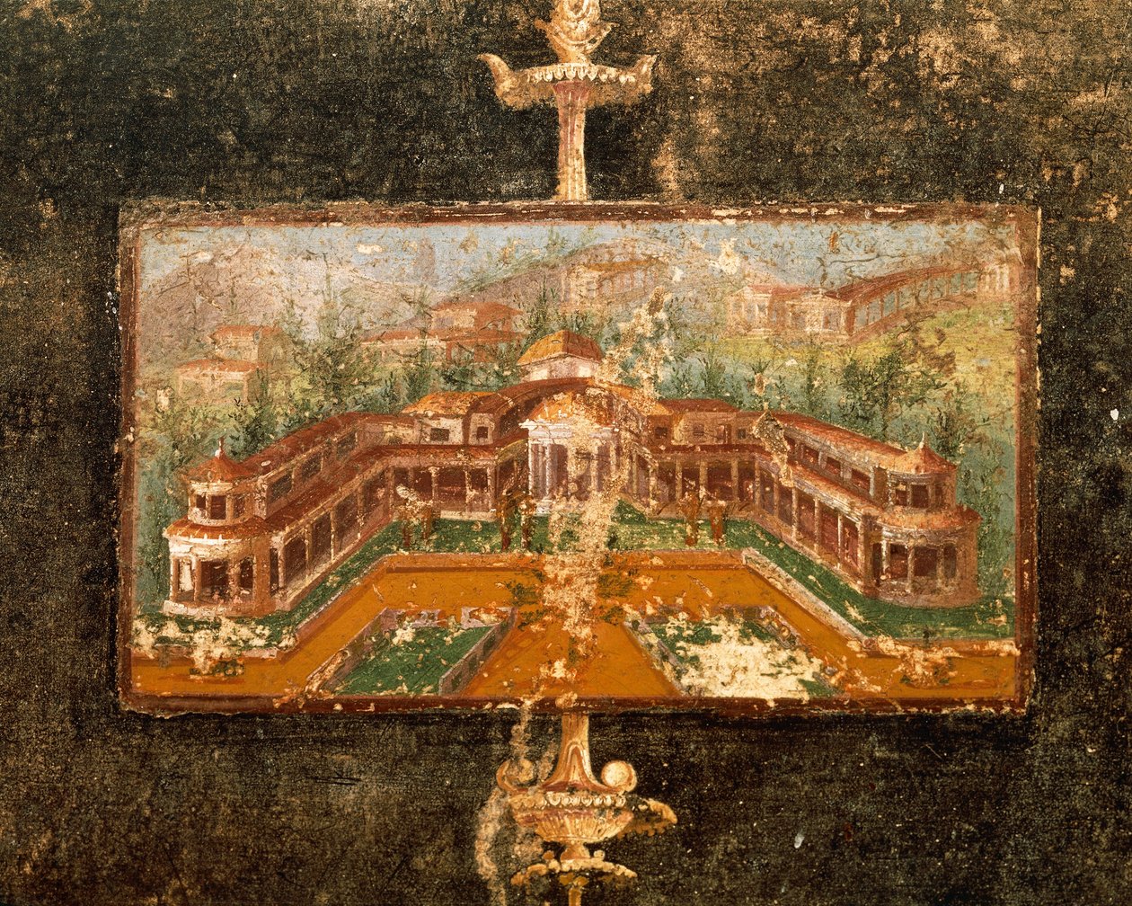 Landskap og arkitektur i veggmaleri i tablinum, 3. Pompeiansk stil, House of Marco Lucrezio Fronto, fra Pompeii, Campania, Italia av Roman Roman
