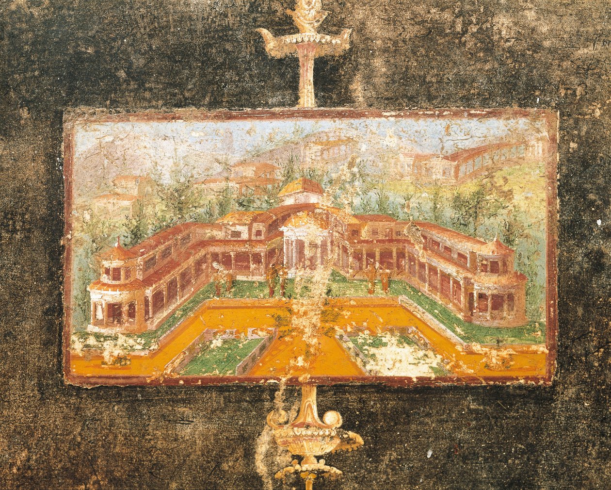 Landskap og arkitektur i veggmaleri i tablinum, House of Marcus Lucretius Fronto, Pompeii, Campania, romersk sivilisasjon av Roman Roman