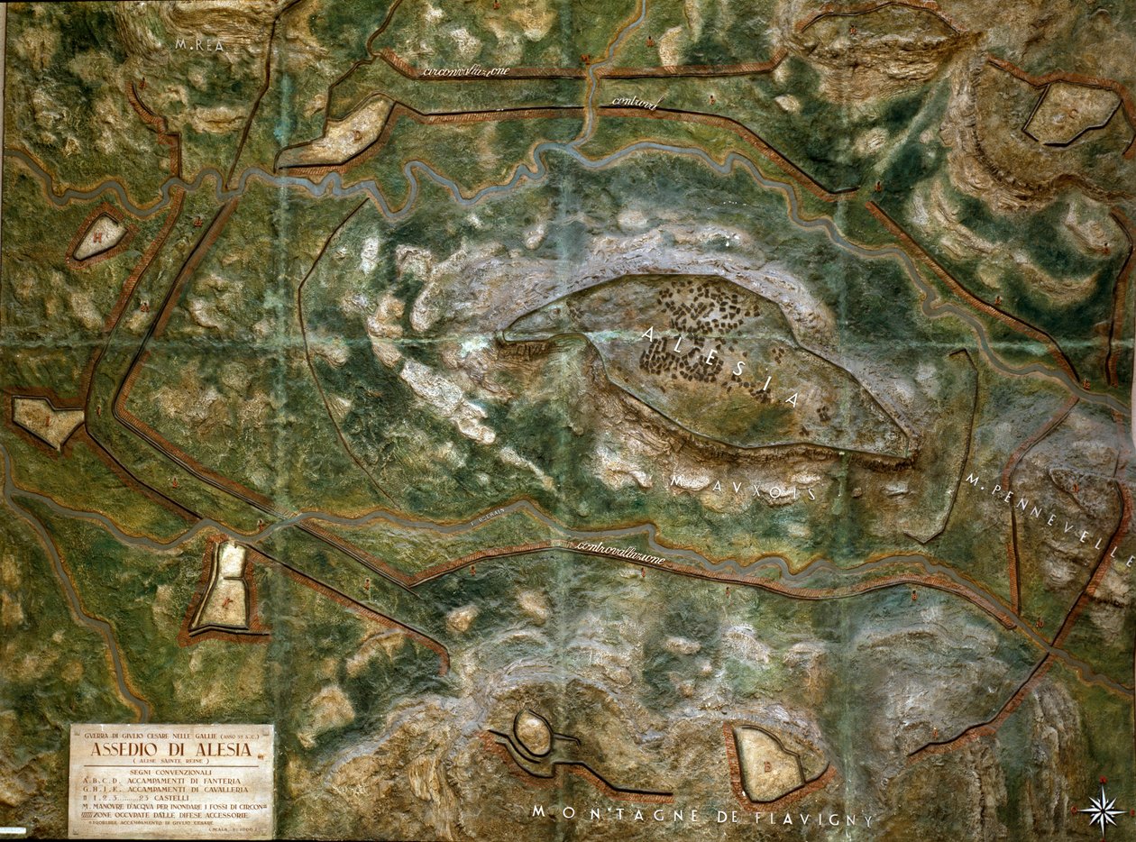 Modell som gjengir beleiringen og slaget ved Alesia i september 52 f.Kr. av Jules Cesar som så nederlaget til Vercingetorix. Målestokk 1/1000. Roma, Museo della Civilta Romana av Roman Roman