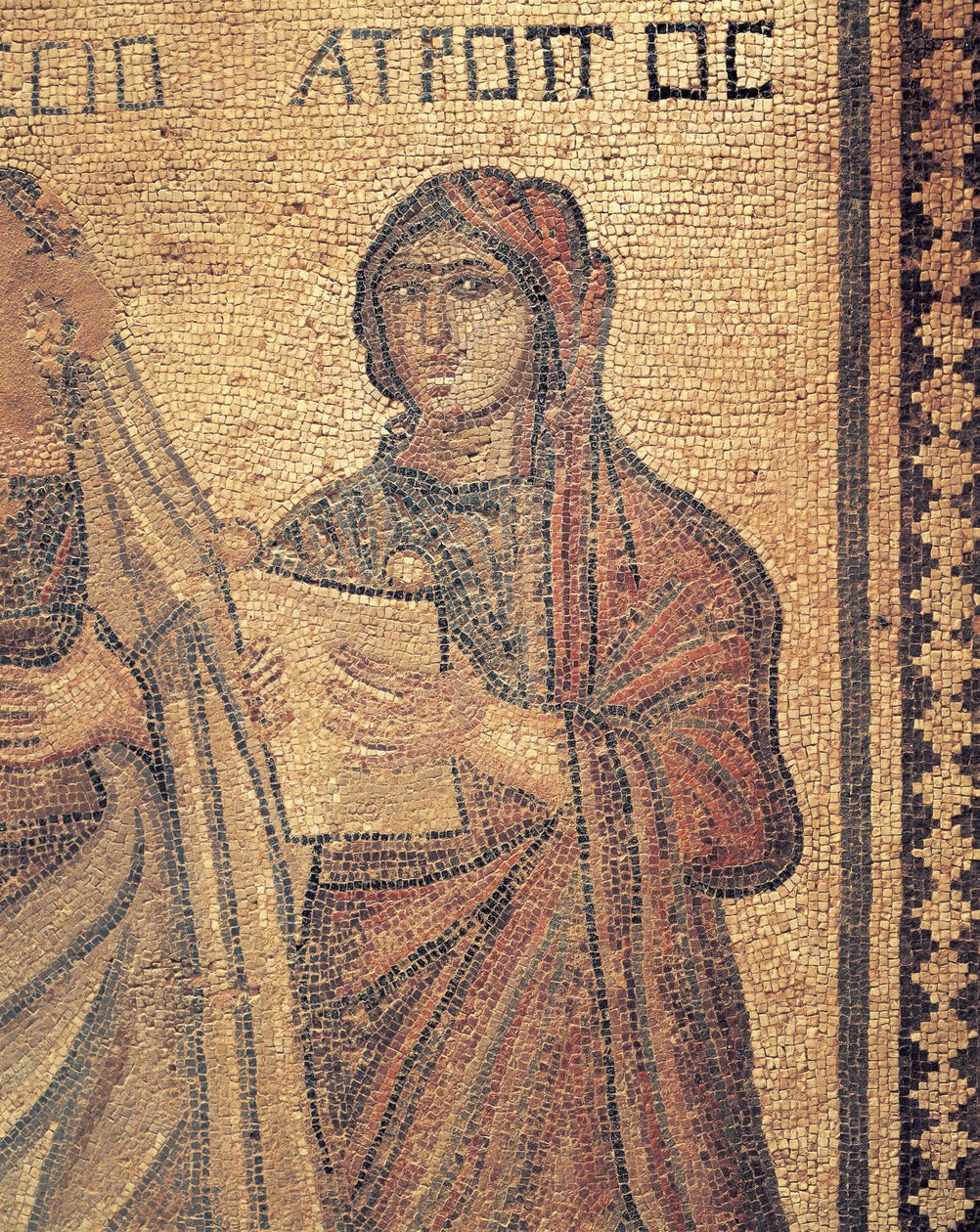 Mosaikk som viser ung kvinne som leser, The house of Theseus, Roman Villa, Pafos, Kypros (bilde) av Roman Roman