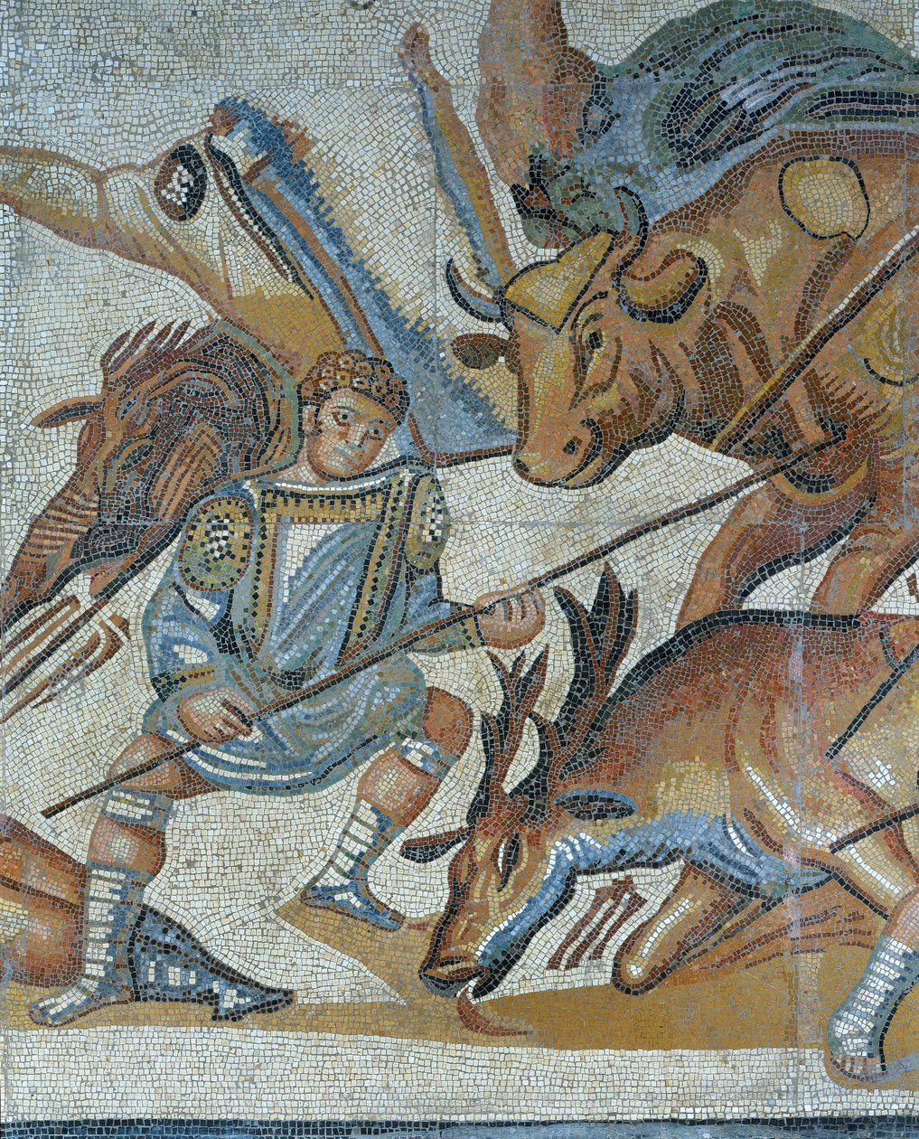 Mosaikk som viser en scene av en villdyrjakt, detalj av en gladiator som dreper et dyr av Roman Roman