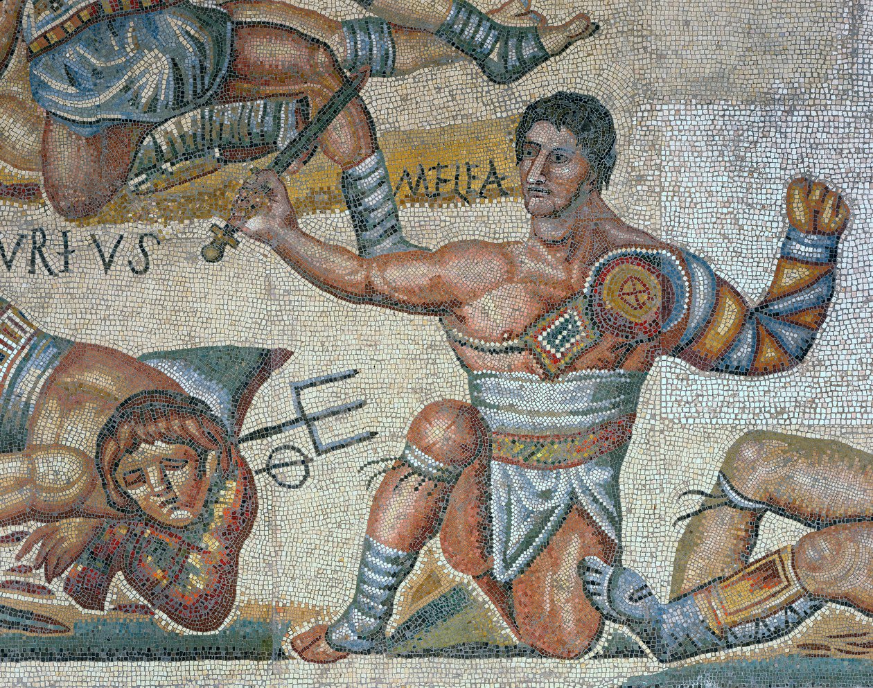 Mosaikk som viser en scene med kamp mot gladiatorer, detalj av en triumferende gladiator av Roman Roman