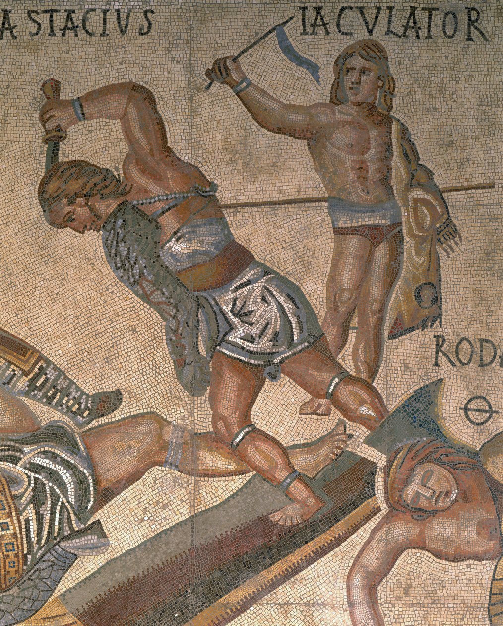 Mosaikk med en scene med kamp mot gladiatorer, detalj av en gladiator kledd i rustning av Roman Roman
