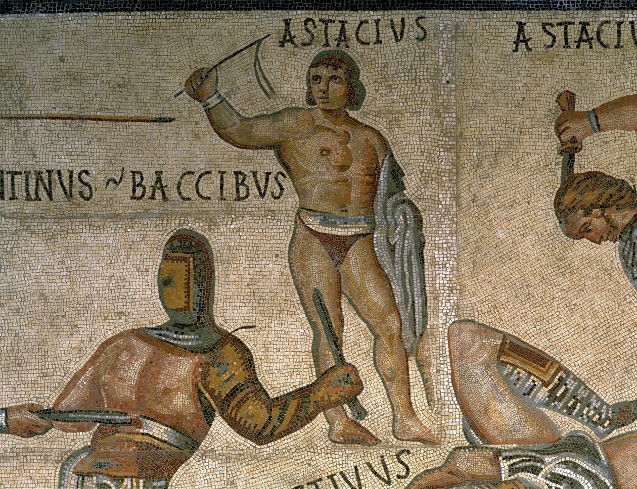 Mosaikk med en scene med kamp mot gladiatorer, detalj av en gladiator kledd i rustning av Roman Roman