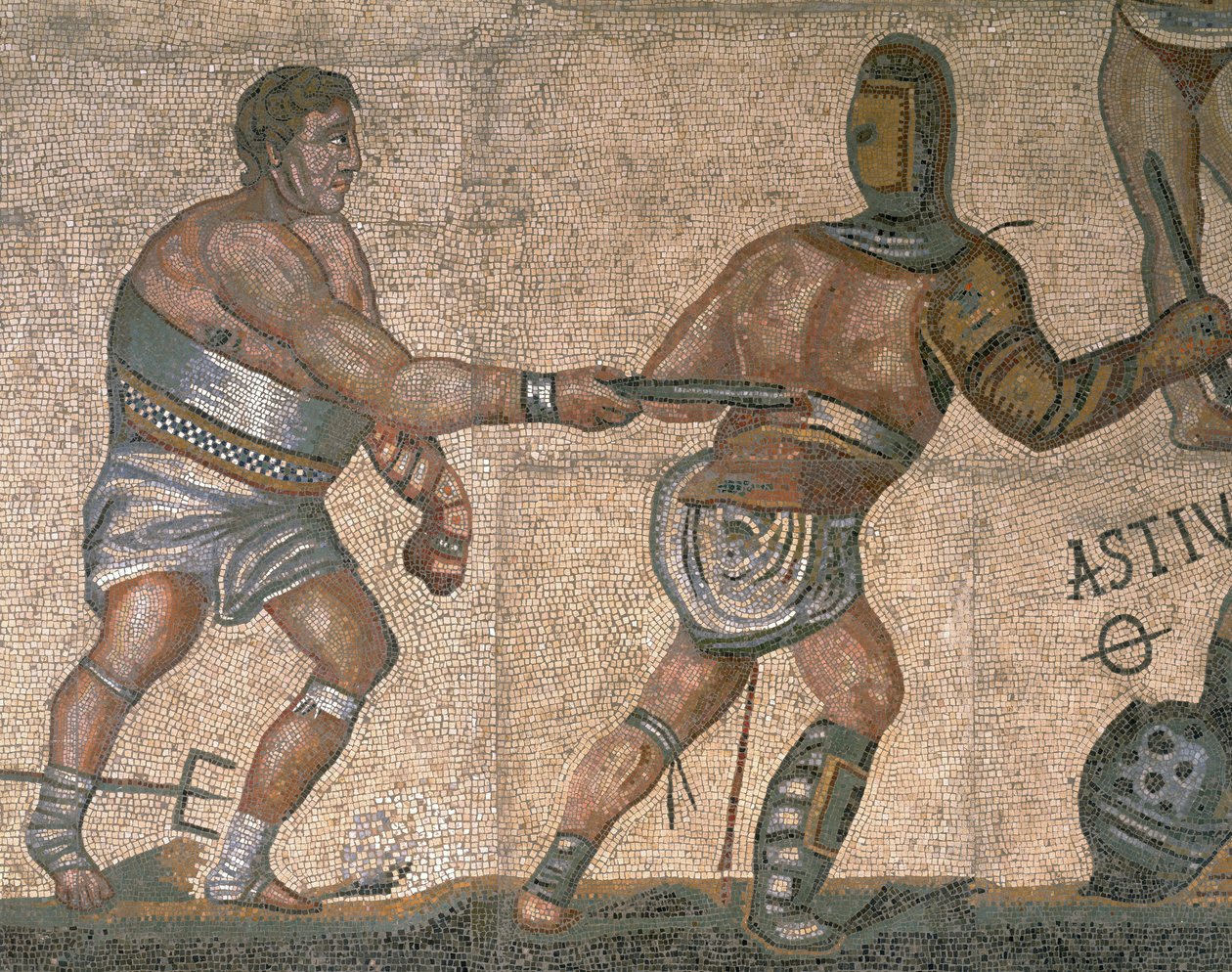 Mosaikk med en scene med kamp mot gladiatorer, detalj av en gladiator kledd i rustning av Roman Roman