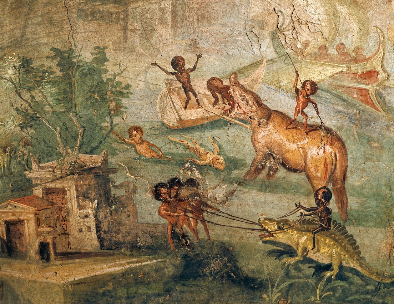 Nilotisk landskap med pygmeer, fra House of Physician, Pompeii av Roman Roman