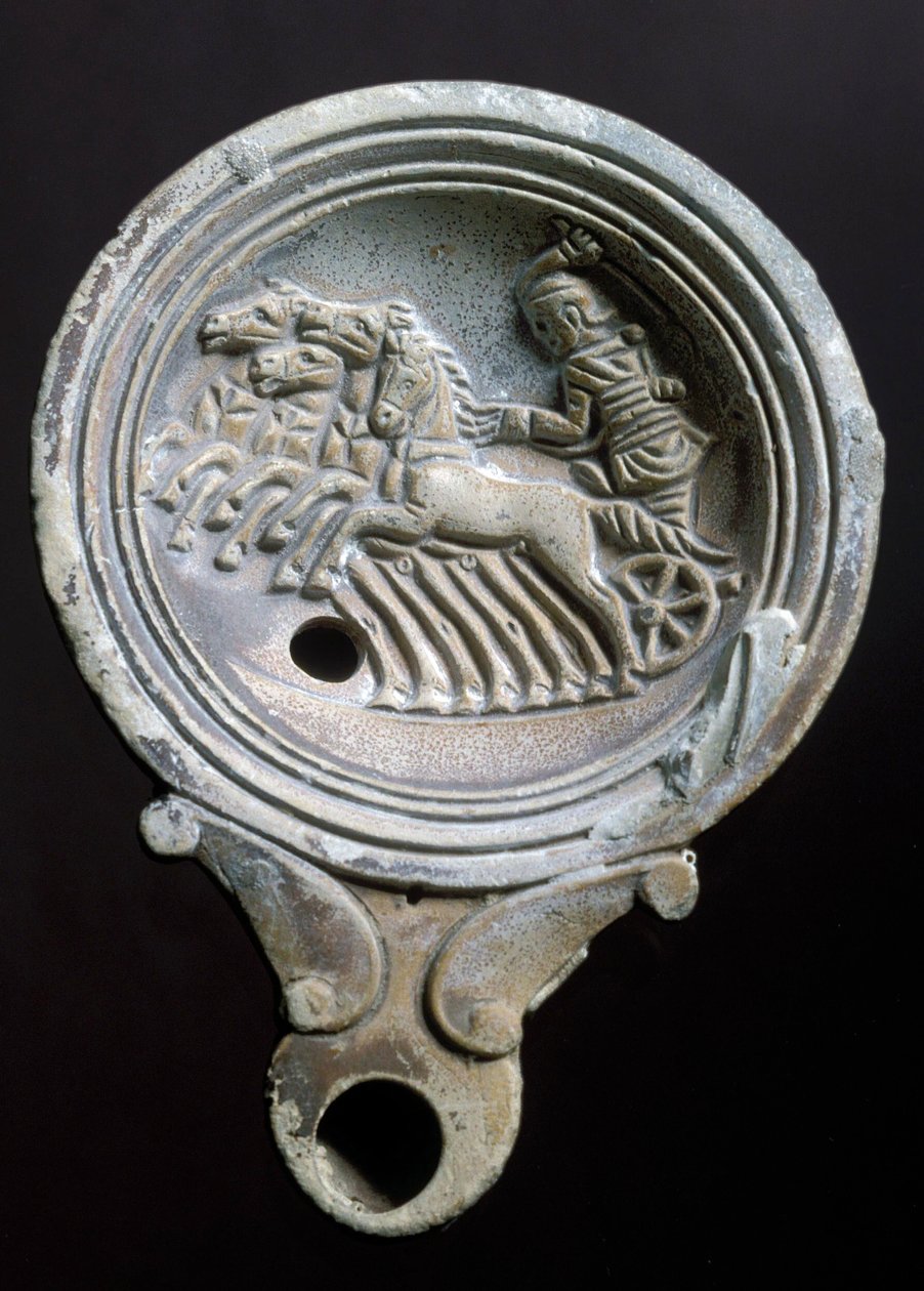 Oljelampe som viser en racervogn med fire hester (terrakotta) av Roman Roman