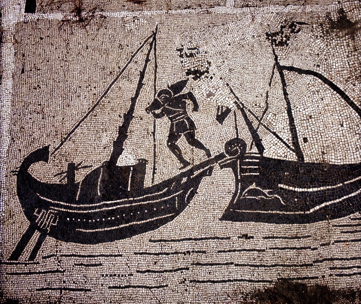 Ostia (Ostia) eldgammel, mosaikk av Place des Corporations. Laster en båt. av Roman Roman