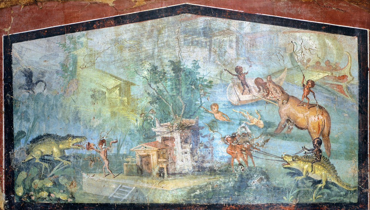 Maleri på gips som viser en nilotisk scene med pygmeer som angriper krokodiller og flodhester, 75x127 cm, fra Pompeii (UNESCOs verdensarvliste av Roman Roman
