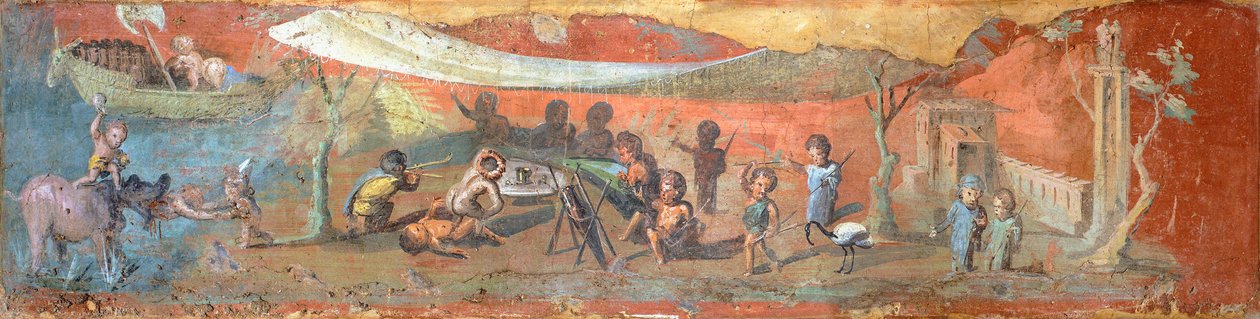 Maleri på gips som viser en scene langs Nilen med pygmeer, 56x217 cm, fra Pompeii (UNESCOs verdensarvliste av Roman Roman