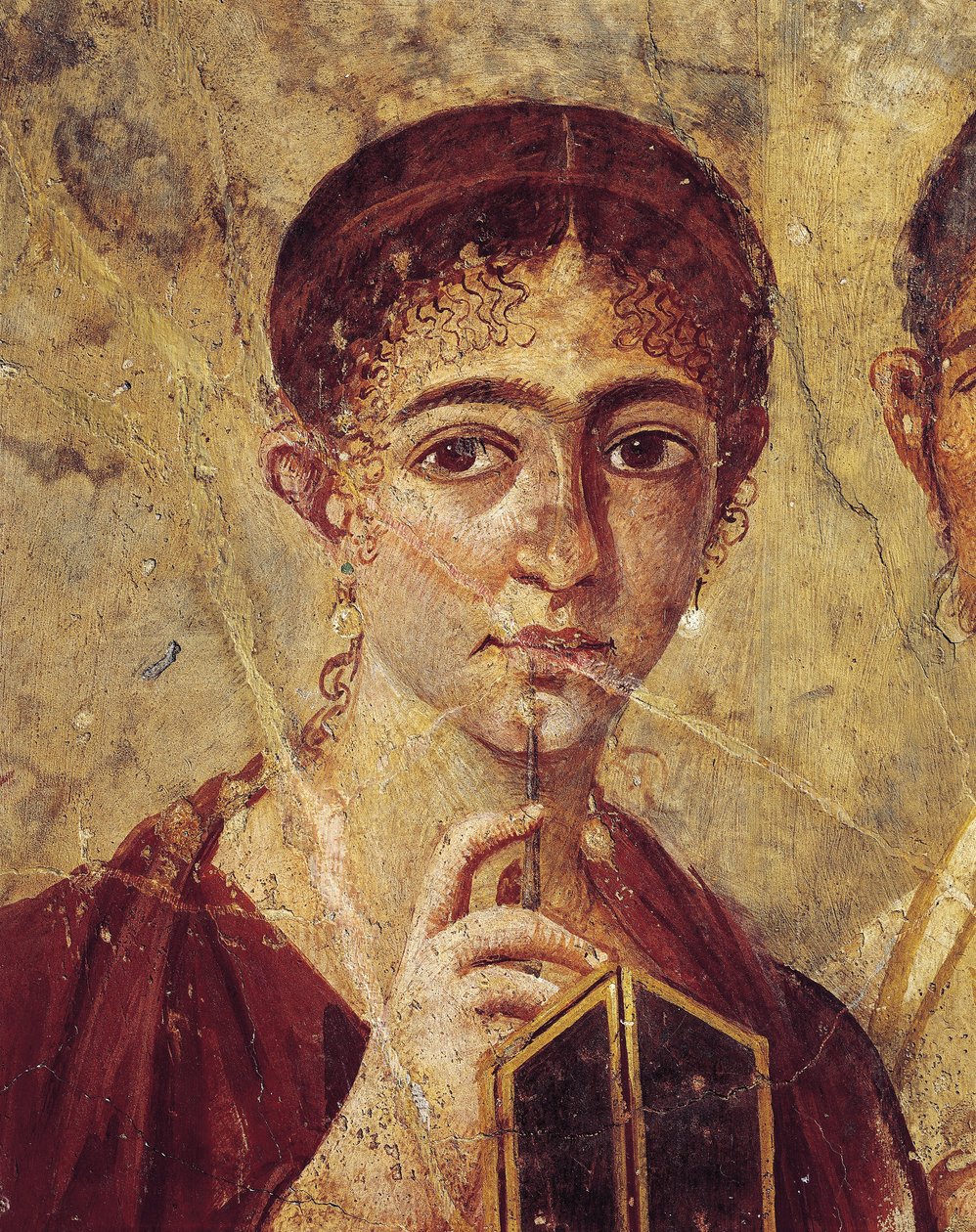Portrett av baker Terentius Neo og hans kone i formelle klær, detalj av kona med pekepennen og diptyken åpen fra Italia, Campania, Pompeii, 55-79 e.Kr., maleri på gips av Roman Roman