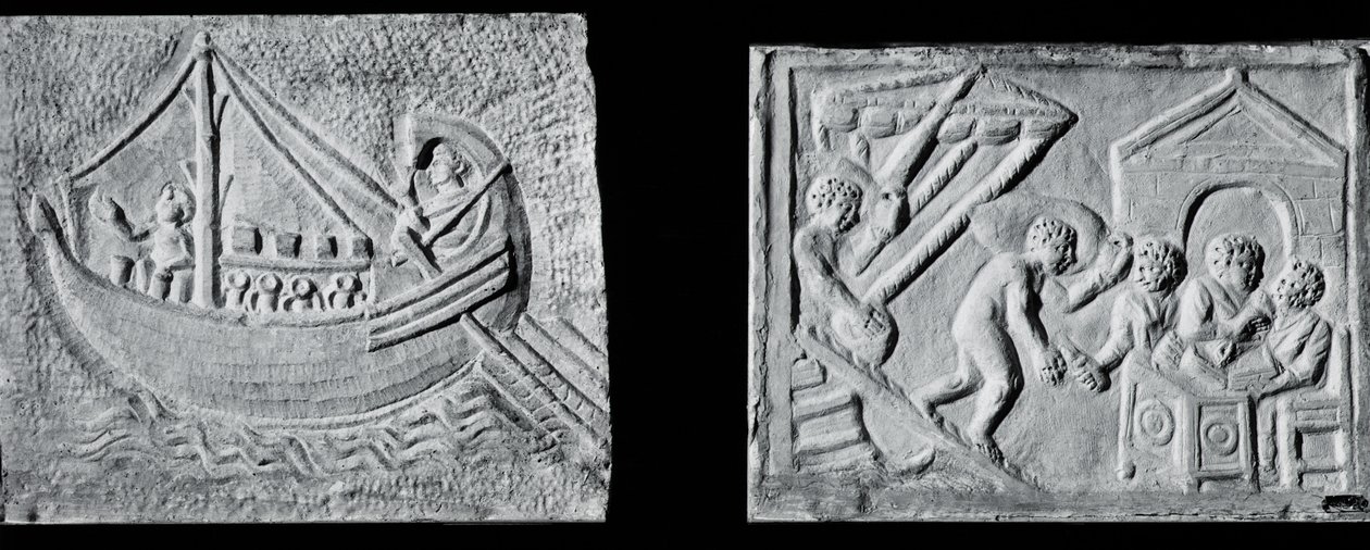 Relieff som viser et handelsskip (Museo Nazionale, Roma) og relieff som viser lossing av et skip (Museo Torlonia, Roma) 3. eller 4. århundre (stein) (s/hv foto) av Roman Roman