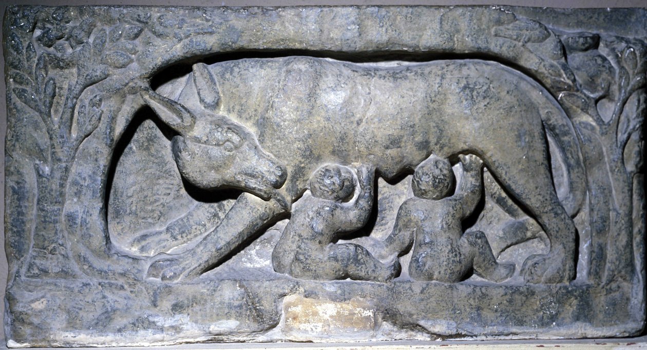 Relieff i kalkstein av Lupercal (navnet på en hule i Roma): ulv med Romulus og Remus, Museum of Avenches. av Roman Roman