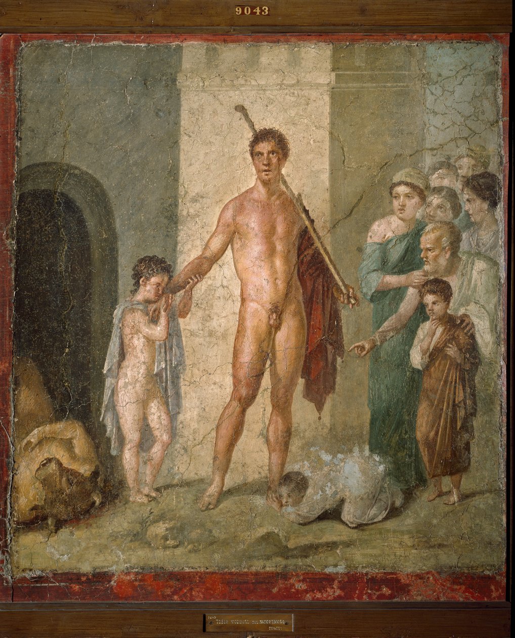 Representasjon av Thesee, heltene i gresk mytologi, som frigjør de syv unge mennene fra labyrinten etter minotaurens triumf. Freske fra Villa de Gavius Rufus i Pompei. Dim. 88x97 cm Arkeologisk museum i Napoli - romersk kunst: representasjon o av Roman Roman