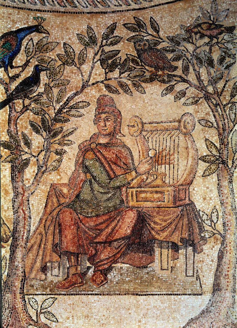 Romersk kunst: Orphee sjarmerende fugler. Mosaikk fra Blanzy-les-Fisms. Lyon, Museum of Fine Arts av Roman Roman