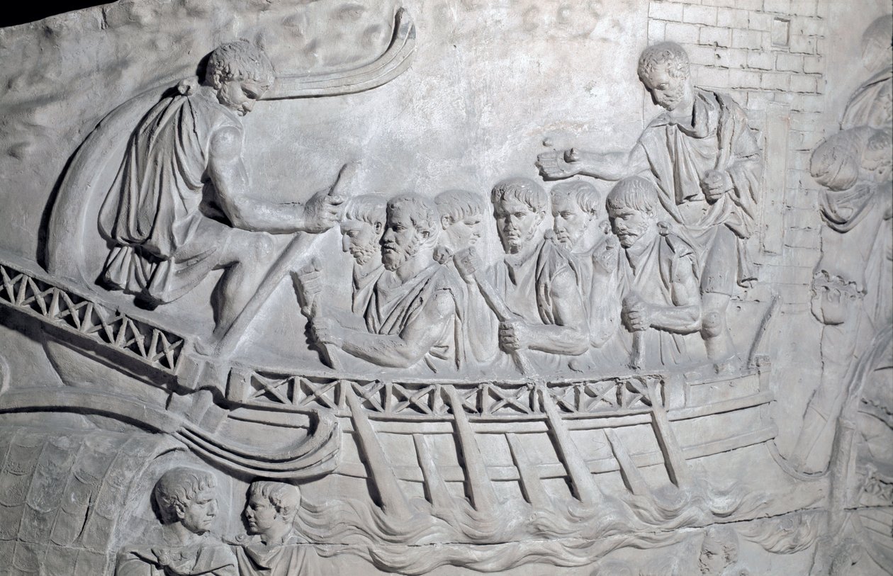 Romersk kunst: "" Romerske soldater på en bysse på Donau under den første krigen i Dacia"" Form fra 1862 som gjengir basrelieffene av søylen til Trajan (søylen Trajane) (Colonna Traiana) i Roma bygget under keiserens regjeringstid Trajan (53-117). Trajaen av Roman Roman