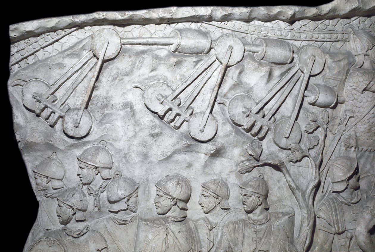 Romersk kunst: "" Krigsmaskiner under den andre krigen"" Form fra 1862 som gjengir basrelieffene til søylen til Trajan (søylen Trajane) (Colonna Traiana) i Roma bygget under keiser Trajans regjeringstid (53-117). Trajane-søylen minnes seieren av Roman Roman