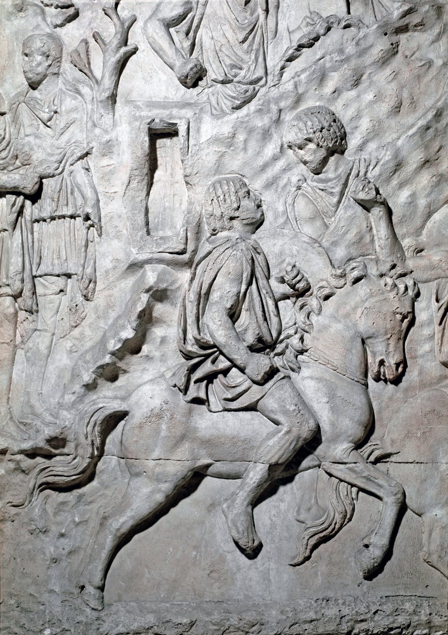 Romersk kunst: "" en numid rytter som rir trodde"" Form fra 1862 som gjengir basrelieffene til søylen til Trajan (søylen Trajane) (Colonna Traiana) i Roma bygget under keiser Trajans regjeringstid (53-117). Trajane-søylen minnes det seirende kammen av Roman Roman