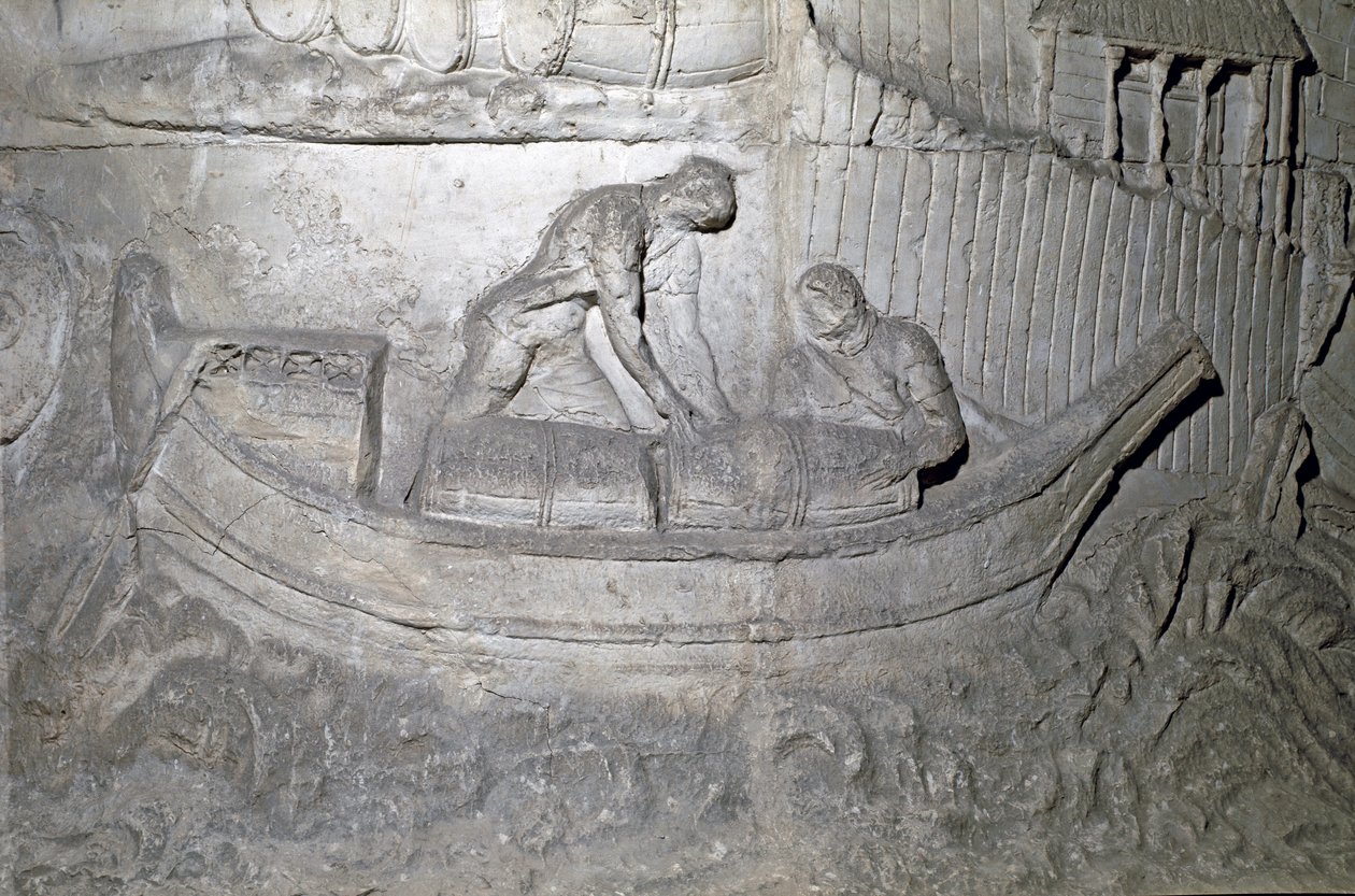 Romersk kunst: "" båt laster proviant på Donau under den første krigen i Dacia"" Form fra 1862 som gjengir basrelieffene av søylen til Trajan (søylen Trajane) (Colonna Traiana) i Roma bygget under keiser Trajans regjeringstid ( 53-117). Trajane co av Roman Roman