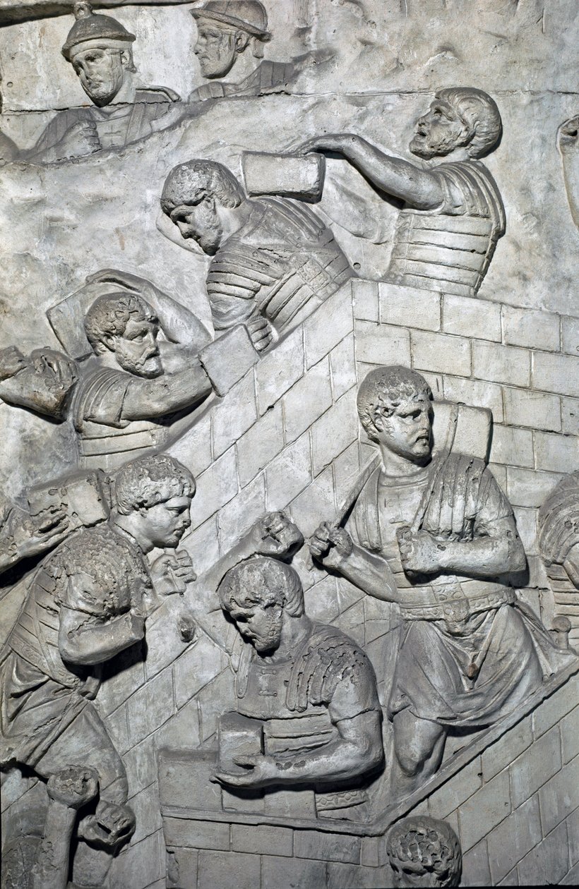 Romersk kunst: "" bygging av et fort i det romerske leirstedet"" Form fra 1862 som gjengir basrelieffene til søylen til Trajan (søylen Trajane) (Colonna Traiana) i Roma bygget under keiser Trajans regjeringstid (53-117) . Trajane-søylen minnes t av Roman Roman