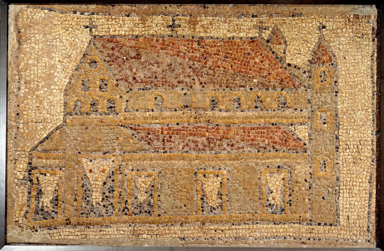 Romersk kunst: mosaikk av en basilika representert i perspektiv, 2. halvdel av 500-tallet, nær øst - Paris, Louvre - romersk kunst: mosaikk av Qabr Hiram nær Tyrus i Fønikia, fra en tidlig bysantinsk (paleokristen) kirke viet til Saint Christop av Roman Roman