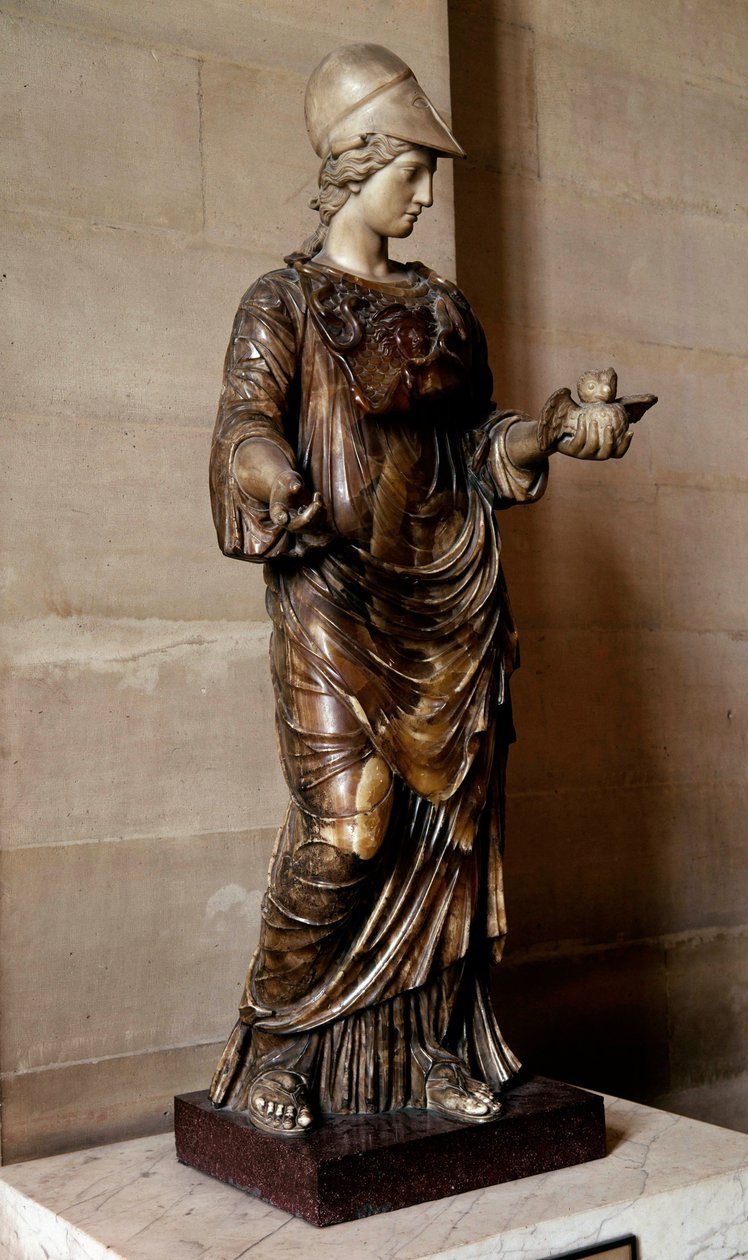 Romersk antikk: statue av Minerva drapert og dekket med egiden som holder en ugle i hånden. Skulptur i albaster og marmor. Hun er identifisert med den greske gudinnen Athena. Søn 1.33 m. Paris, Louvre-museet av Roman Roman