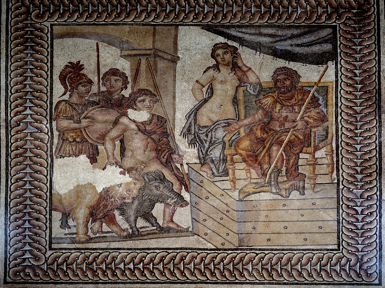 Romersk kunst: "" Admete, kongen av Pheres i Thessalia, etter å ha temmet en villsvin og en løve, ber Pelias, kongen av Iolcos, om hånden til sin datter Alceste"" Mosaic of the Wedding of Admete. Nimes, kunstmuseet av Roman Roman
