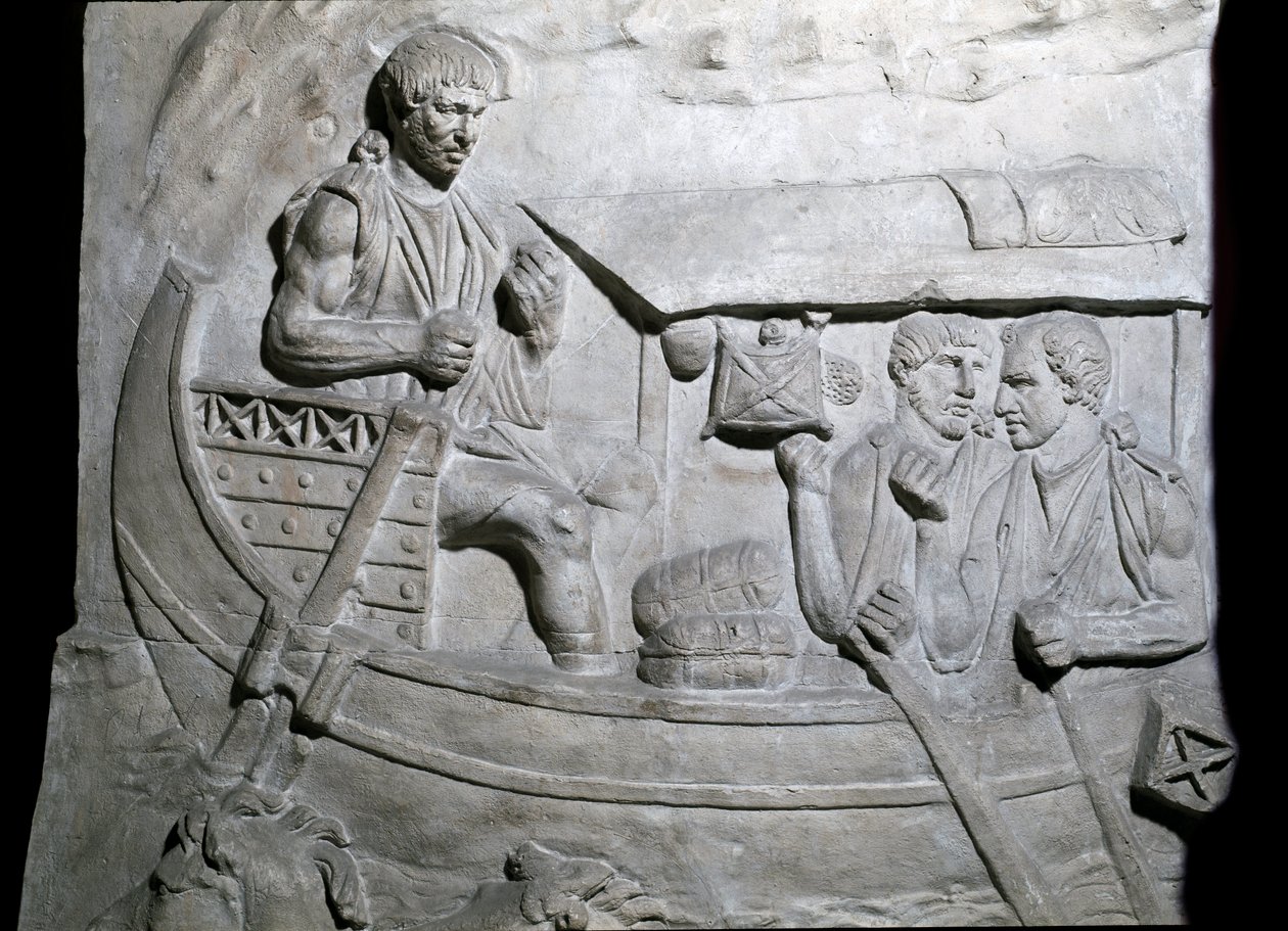 Romersk kunst: "" Romerske soldater på et skip under den første krigen i Dacia"" Form fra 1862 som gjengir basrelieffene av kolonnen til Trajan (søylen Trajane) (Colonna Traiana) i Roma bygget under keiser Trajans regjeringstid (53) -117). Trajane-søylen c av Roman Roman