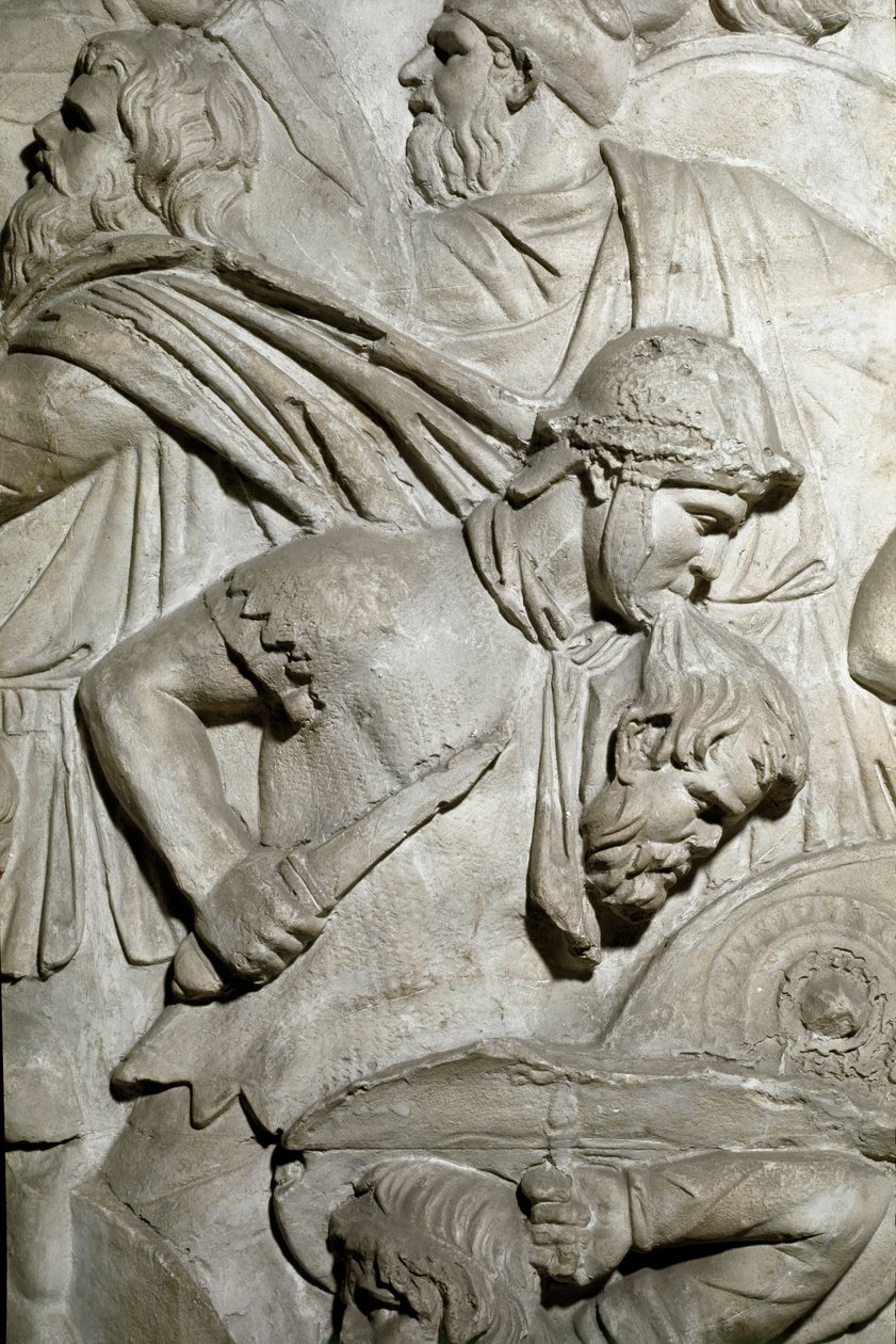 Romersk kunst: "" Romersk kriger som holder hodet til en fiendtlig kriger mellom tennene"" Form fra 1862 som gjengir basrelieffene til søylen til Trajan (søylen Trajane) (Colonna Traiana) i Roma bygget under keiser Trajans regjeringstid ( 53-117). Trajanen av Roman Roman