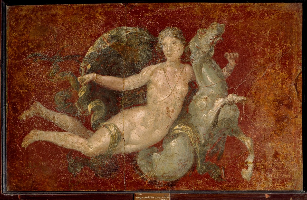 Romersk kunst: en kvinne som rir på en sjøhest. Fresco fra Stabia. Napoli, Museo Archeologico Nazionale - Romersk kunst: en kvinne som rir på en sjøhest. Fresco fra Stabia. Nasjonalt arkeologisk museum, Napoli, Italia av Roman Roman