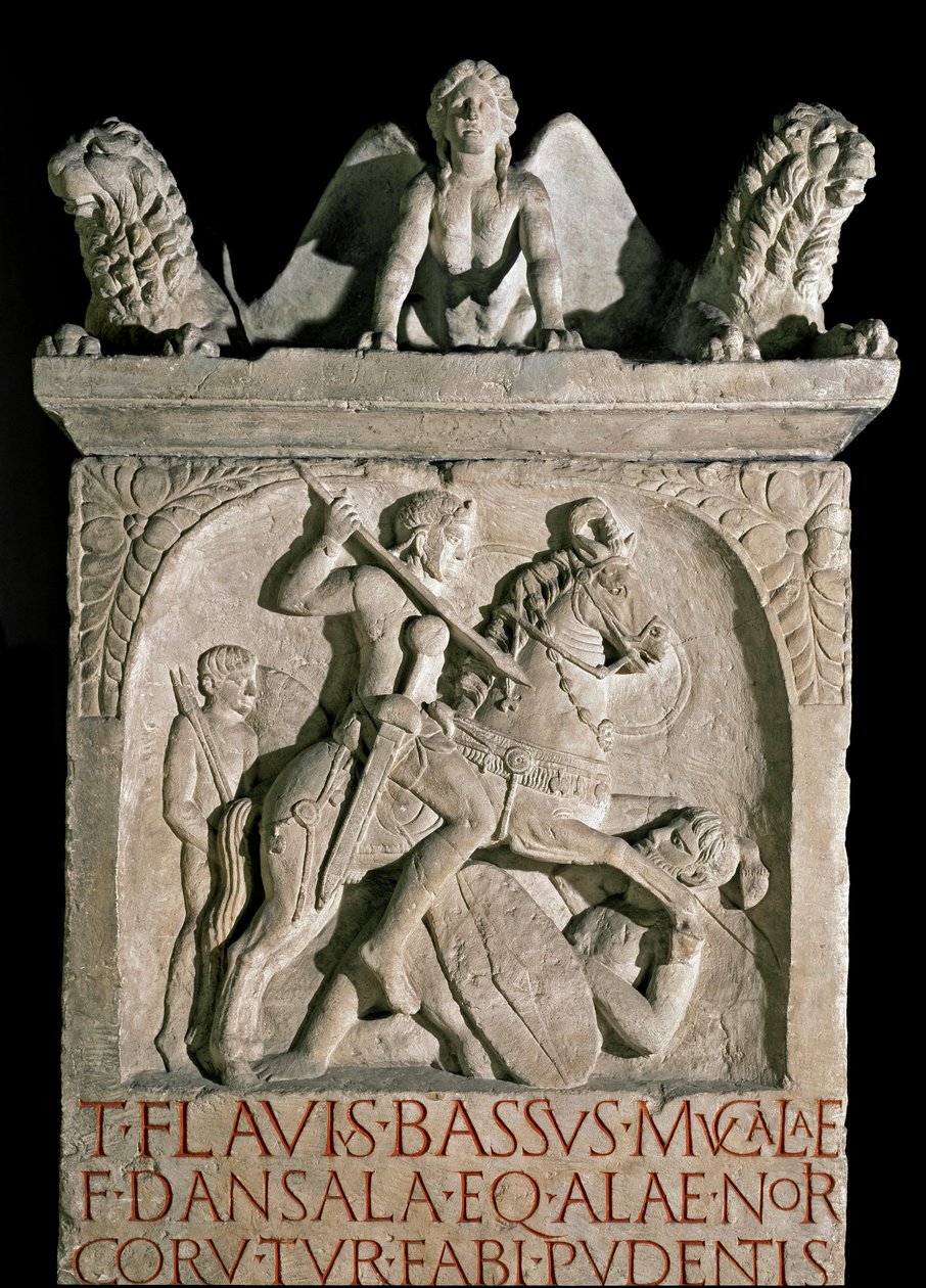Romersk kunst: begravelsesstele til aristokraten og den romerske politikeren Flavius Bassus Herculanus (kjent rundt 449-452) 500-tallet e.Kr. Roma, Museo della Civilta Romana av Roman Roman