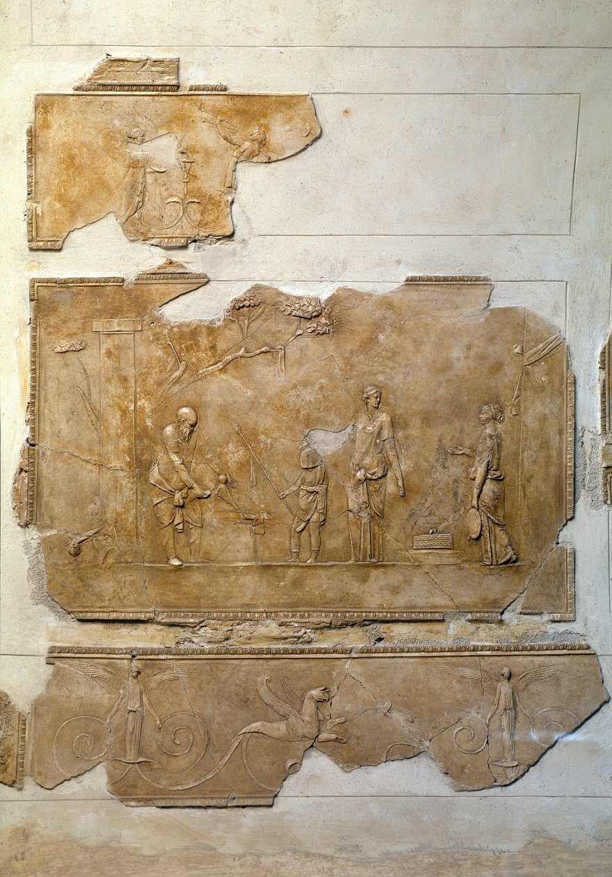 Romersk kunst: Innvielse til Dionysos mysterier: Feiring av dionysiske ritualer. Lav relieff kommer fra området til Villa Farnesina. Roma, Nasjonalt romersk museum (av Terme) av Roman Roman
