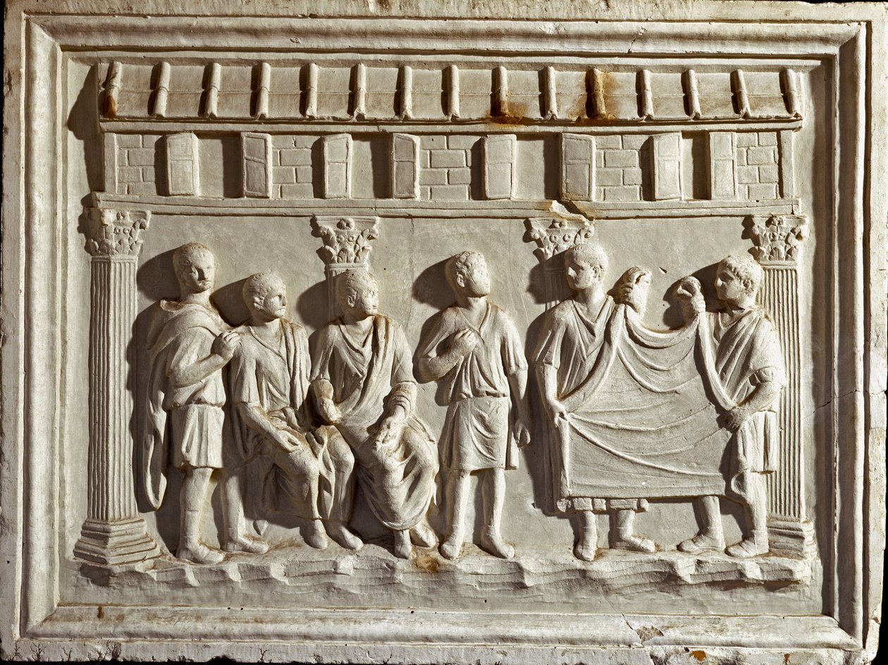 Romersk kunst: lavrelieff som representerer et stoff og billedvev. Fra en original fra det 2. århundre e.Kr. Roma Museo della Civilta Romana av Roman Roman