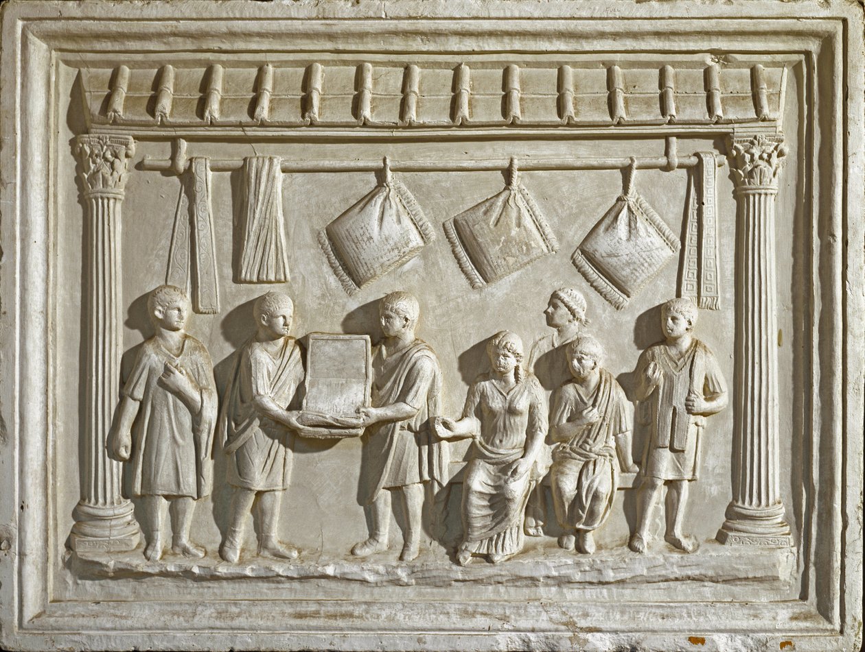 Romersk kunst: form som representerer et stoff og billedvev. Fra en original fra det 2. århundre e.Kr. (lavt relieff) av Roman Roman