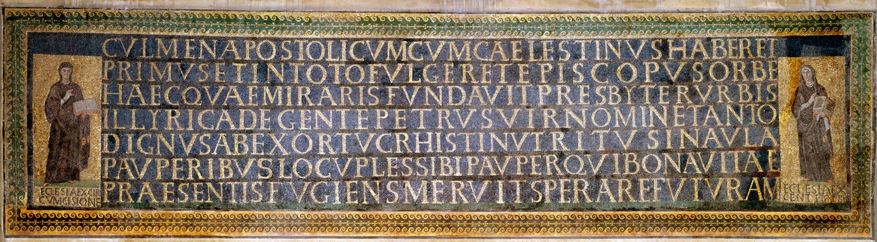 Romersk kunst: mosaikk som bærer dedikasjonen til Saint Sabine, kristen martyr fra det 2. århundre. Den bærer navnene til Peter av Illyria (Pietro d