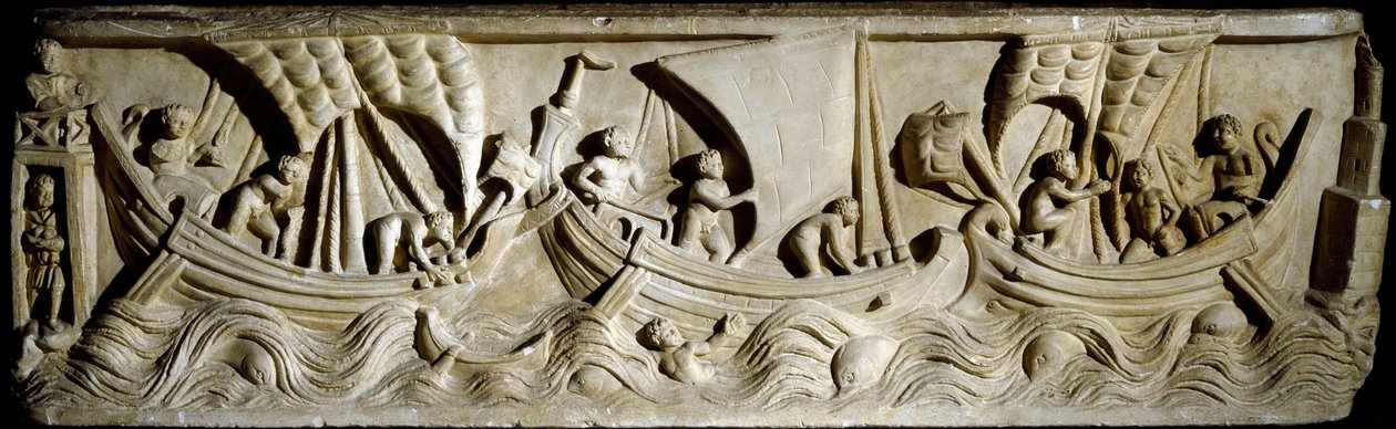 Romersk kunst: "" navigasjonsscene"" Lavt relieff fra Via Labicana i Roma. Roma, Musee de la Civilta Romanesque av Roman Roman
