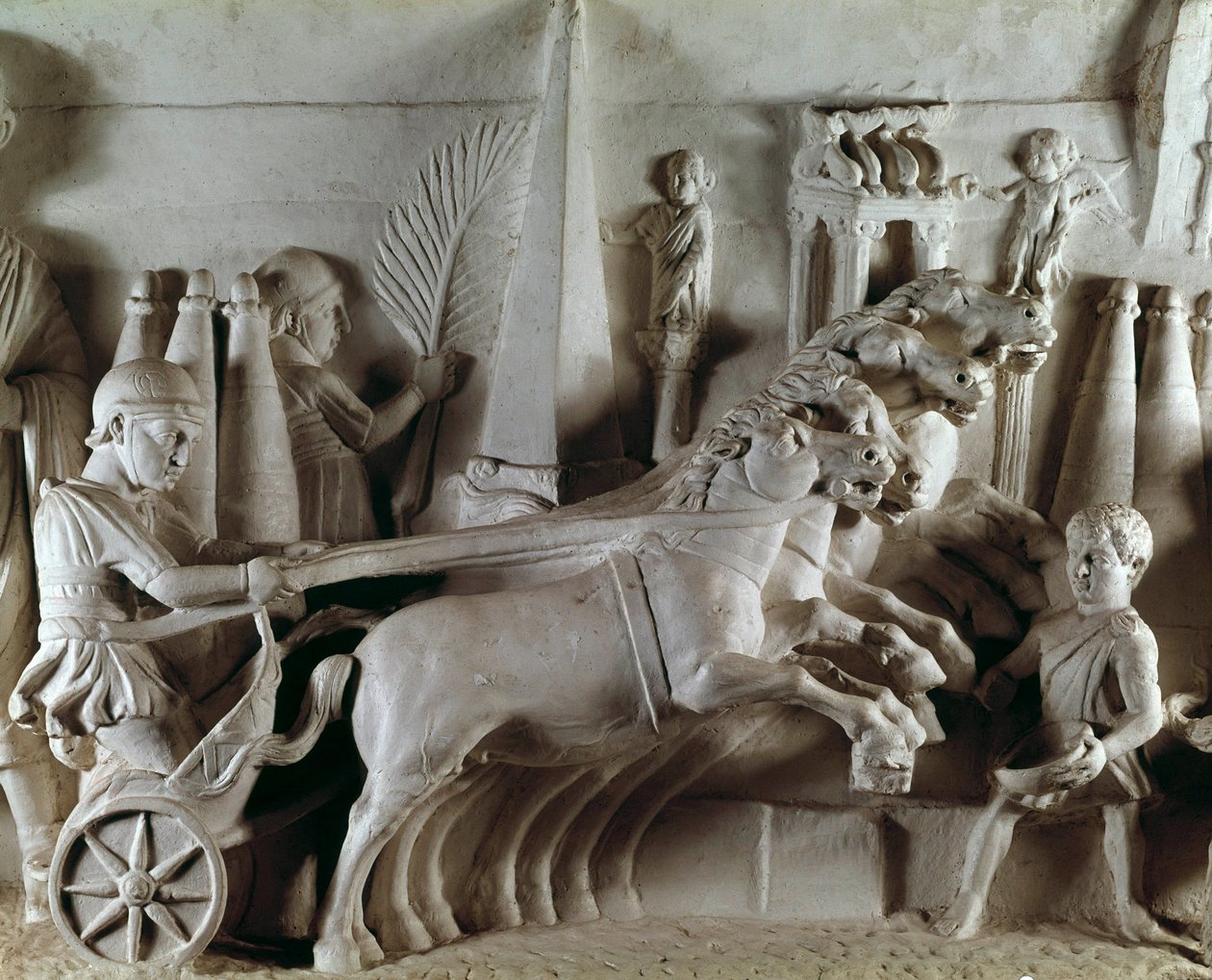 Romersk kunst: skulpturert relieff som representerer en quadrige, vogn som trekkes av fire hester. Museum for romerske antikviteter, Roma av Roman Roman