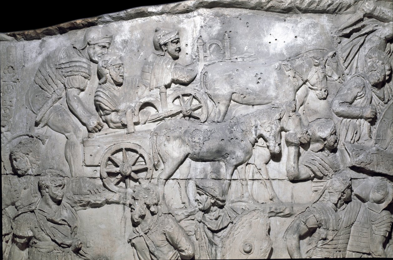 Romersk kunst: "" den romerske arméen på gang"" Form fra 1862 som gjengir basrelieffene av søylen til Trajan (søylen Trajane) (Colonna Traiana) i Roma bygget under keiser Trajans regjeringstid (53-117). Trajane-søylen minnes den seirende campaen av Roman Roman