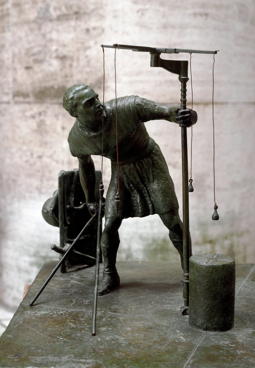 Romersk kunst: "" gromatikeren"" En landmåler (agrimeners) måler landet ved hjelp av en groma (gruma). Bronseskulptur. Roma, museum for romersk sivilisasjon av Roman Roman