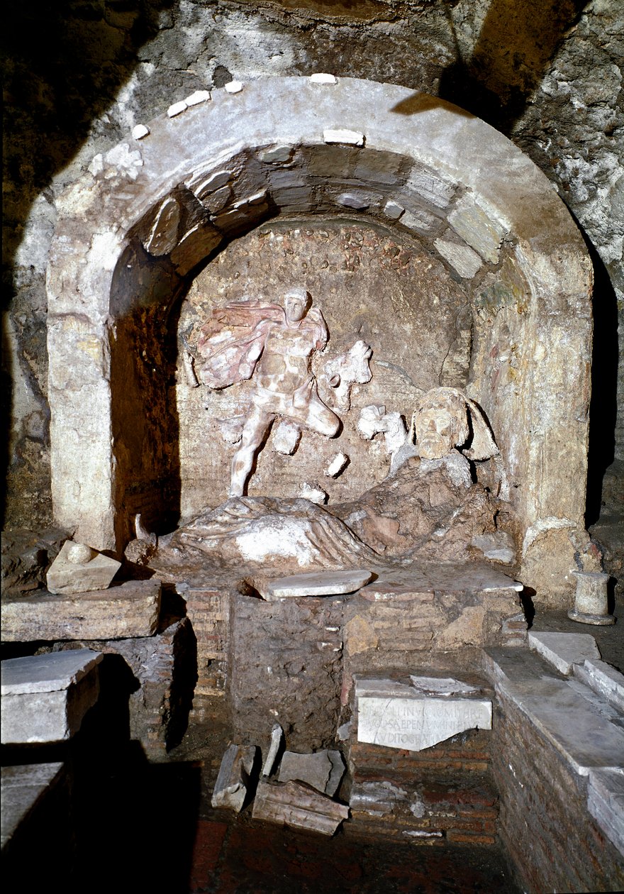 Romersk kunst: utsikt over Mithreum (Mithraeum), helligdom dedikert til kulten til Mithra (Mythra eller Mitra). katakombene til St. Priscilla (santa prisca) i Roma. av Roman Roman