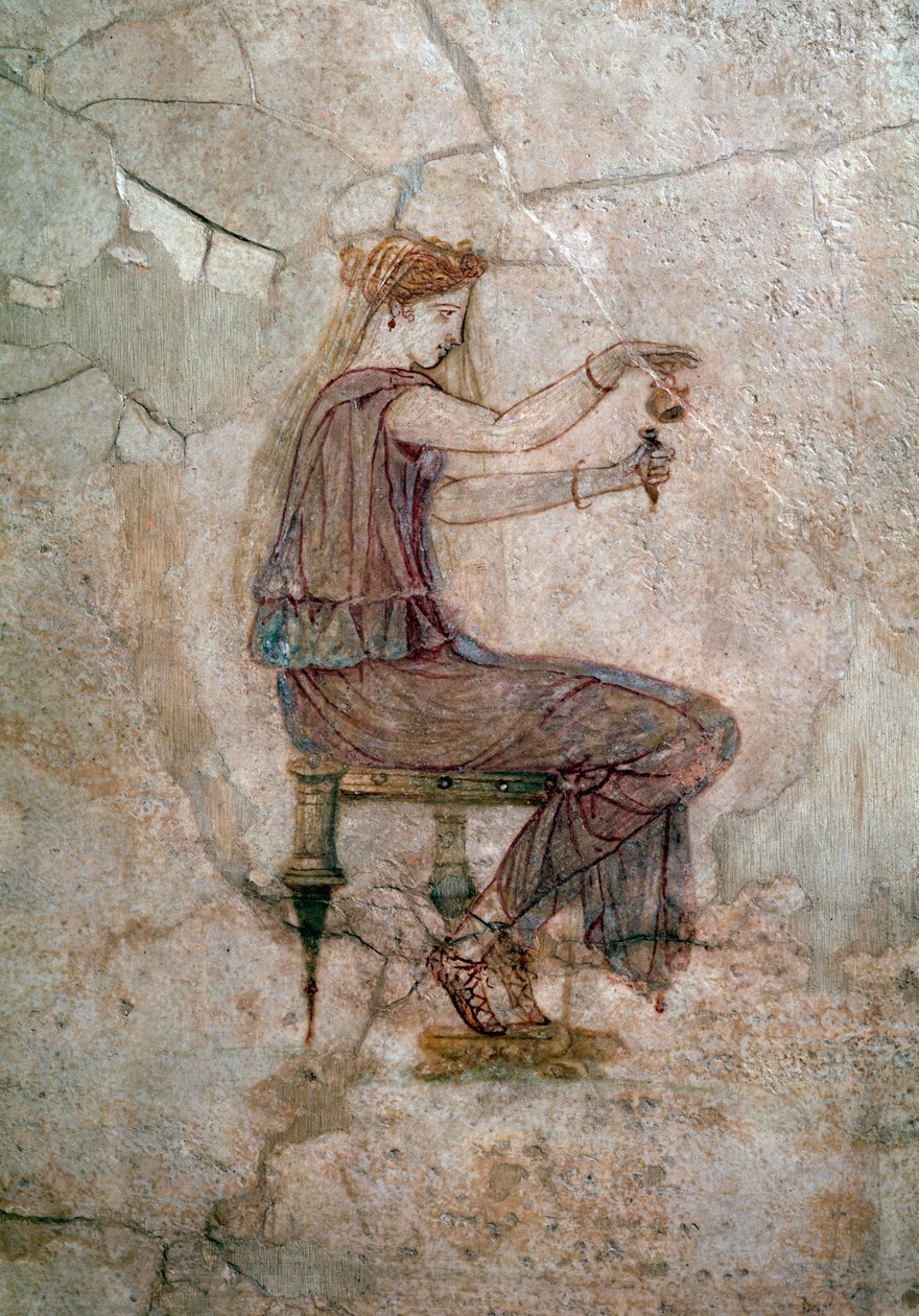 Romersk kunst: kvinne som sitter og skjenker parfyme i en vase Veggmaleri, 25 e.Kr. Fra Villa della Farnesina (romersk kunst: kvinne hellet parfyme i en vase, fra Casa della Farnesina, 25 e.Kr.) Roma, Palazzo Massimo alle Terme, National Roman Museum av Roman Roman