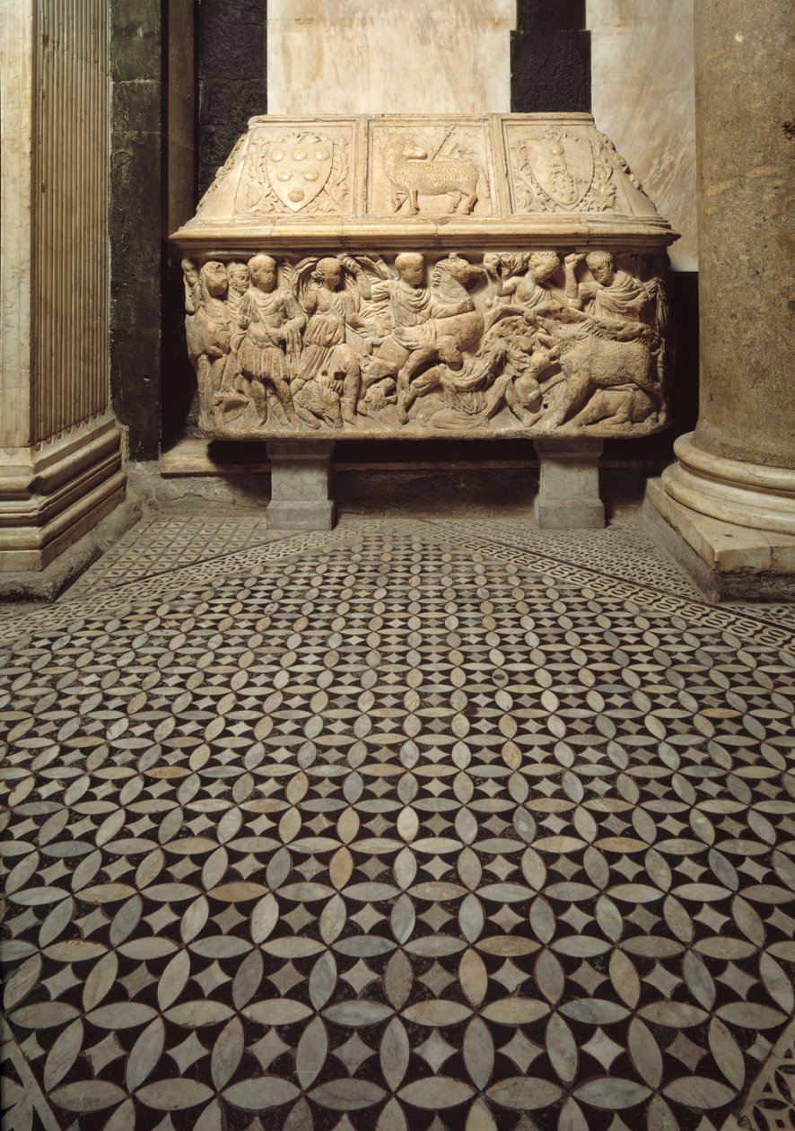 Romersk sarkofag med relieffer av villsvinjaktscene, lokk dekorerer armene til Medicis-familien av Roman Roman