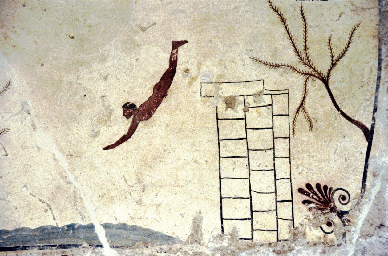 Romersk veggmaleri av graven kalt dykkeren (tuffatore). av Roman Roman